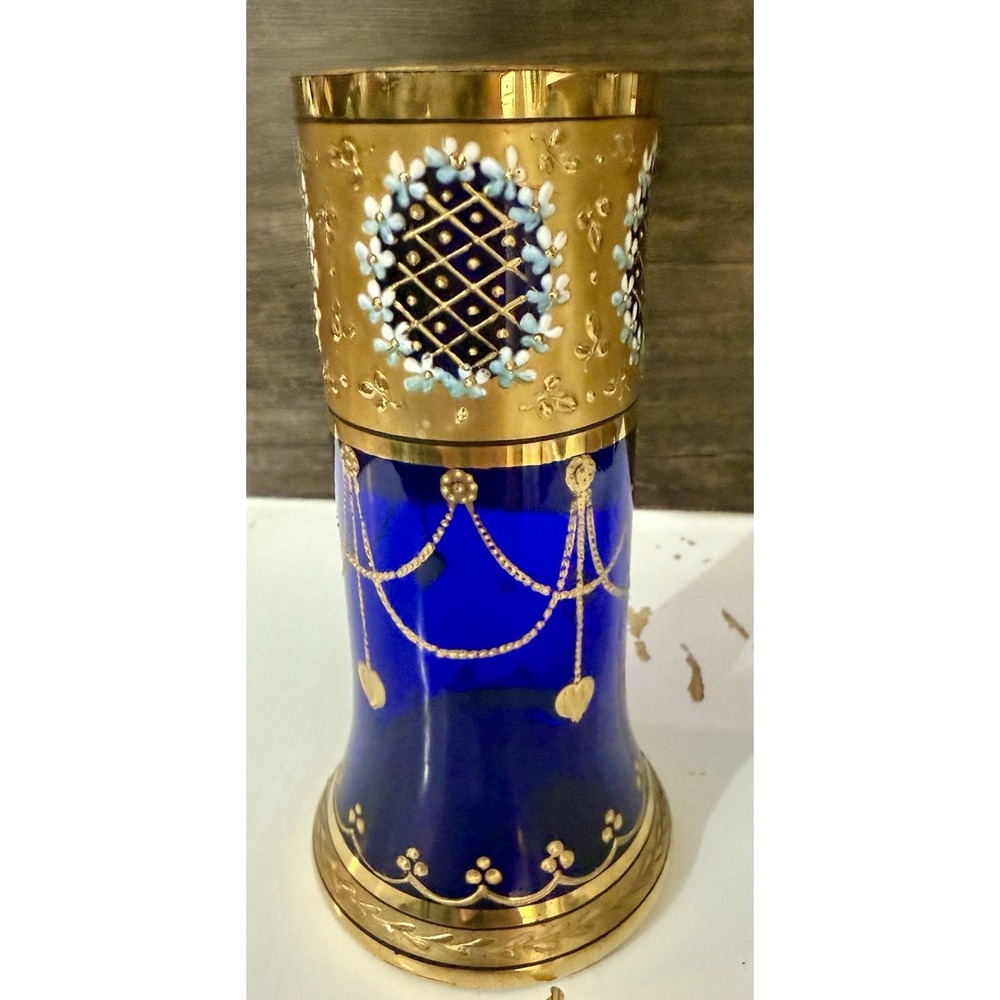 Vintage Pauly & C Venezia Murano Cobalt Blue Gold Enamel Art Glass Vase